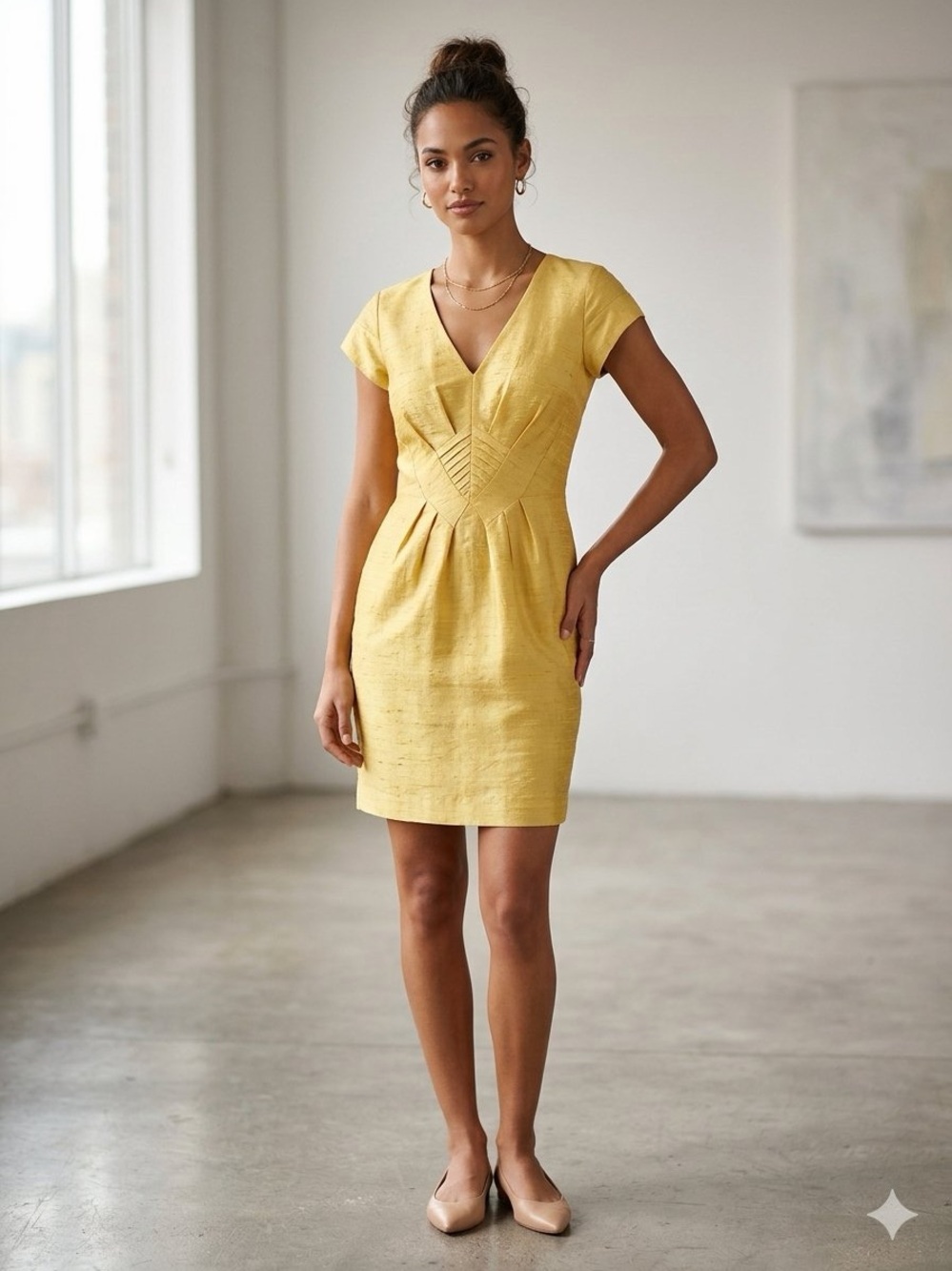 Donna Morgan Yellow V-Neck Pleated Waist Mini Dress